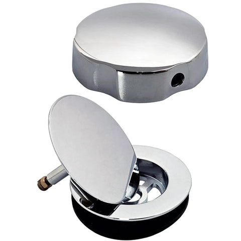 Heavy Duty Bathtub Drain Trim Kit Featuring Rotary Overflow Control Knob And Pop Up Stopper, chrome finish, top view of stopper and trim.
