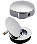 Slick Chrome Finish 27 Inch Cable Driven Bathtub Drain Trim Kit with smooth pop-up stopper, polished chrome design.
