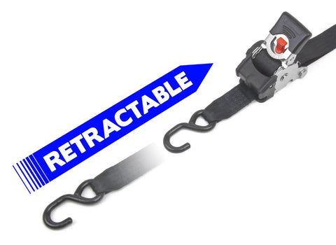 Heavy Duty 2 Inch X 10 Foot Retractable Ratchet Tie Down Straps With S Hooks, 800 LB Working Load Limit, shown with retractable feature