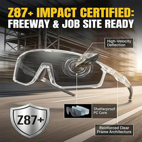 Top Shelf Photochromic Safety Glasses With UV400 Polarized Lenses For Kick Butt Glare Free Vision And Smooth Sun To Shade Adaptation Daily And Weekend Use, impact-resistant design.