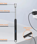 Rechargeable electronic lighter with USB charging cable, featuring a stainless steel pipe, safety switch, and hang buckle.