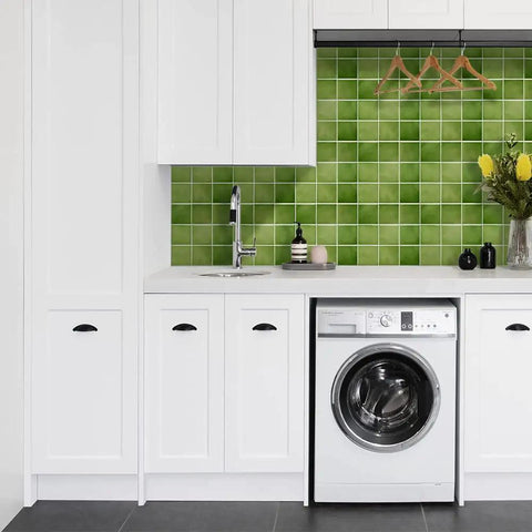 Green 3D Peel And Stick Tile Backsplash Squares 11.8x11.8 Inches Ultralight PVC in laundry room interior decor setting