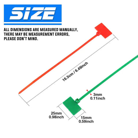 Diagram showing dimensions of 6-inch nylon cable marker ties with 6 color options, part of Nylon Cable Marker Ties Set For DIY Pros.