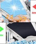 Sunshade for Ford Mustang Mach-E glass roof; foldable black shade; before/after panels show sun vs cooler interior.