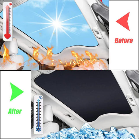 Sunshade for Ford Mustang Mach-E glass roof; foldable black shade; before/after panels show sun vs cooler interior.