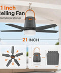 Straight Up Badass 21 Inch Portable Ceiling Fan With Built In Rechargeable Battery And Wireless Remote Bright Led Light mounted outdoors, showcasing 5 blades.