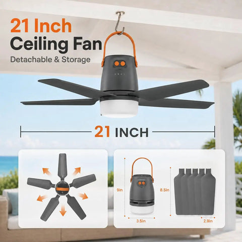 Straight Up Badass 21 Inch Portable Ceiling Fan With Built In Rechargeable Battery And Wireless Remote Bright Led Light mounted outdoors, showcasing 5 blades.