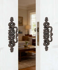 Two Piece Rustic Cast Iron Door Handle Set For Barn Doors Cabinets And Drawers Built Tough In Antique Black Finish 9.2 Inch Heavy Duty Pull Hardware for indoor use