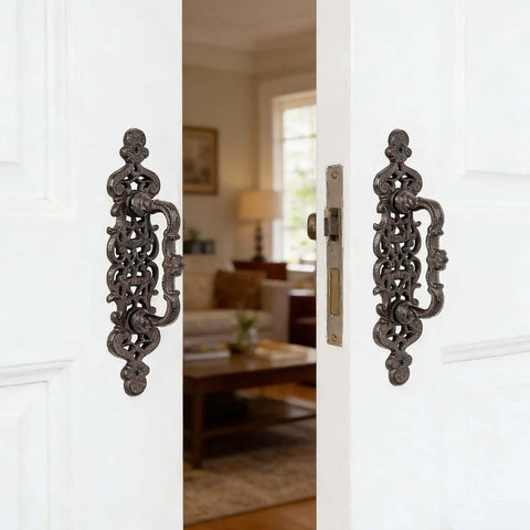 Two Piece Rustic Cast Iron Door Handle Set For Barn Doors Cabinets And Drawers Built Tough In Antique Black Finish 9.2 Inch Heavy Duty Pull Hardware for indoor use