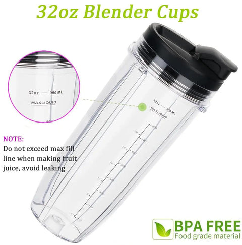 32oz Blender Cup With Sip And Seal Lid Replacement For Auto IQ Series Blenders 2 Pack Tritan material, BPA-free, capacity scale visible