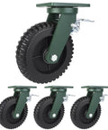 Solid As A Rock Heavy Duty Caster Set Of Four With Swivel Plate Locks And Fixed Mounts using thick rubber tires, close-up view.