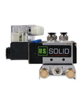 Side view of Beefy Eight Valve Pneumatic Solenoid Valve Kit 4V210-08, five way, two position, DC 12V, industrial automation component.