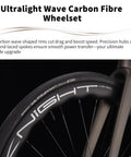 Close-up of an ultralight wave carbon fibre wheelset with precision hubs for the Carbon Road Bike With Ultra Light T1000 Frame.