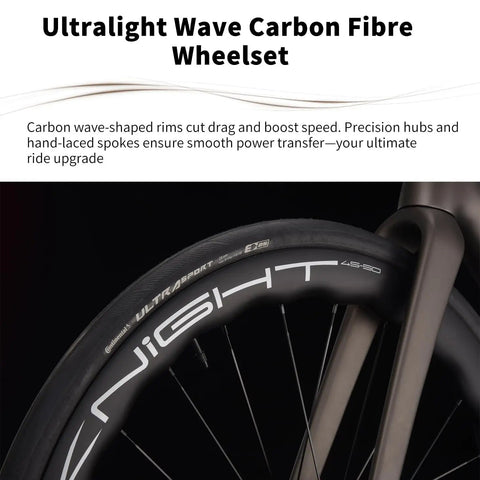 Close-up of an ultralight wave carbon fibre wheelset with precision hubs for the Carbon Road Bike With Ultra Light T1000 Frame.