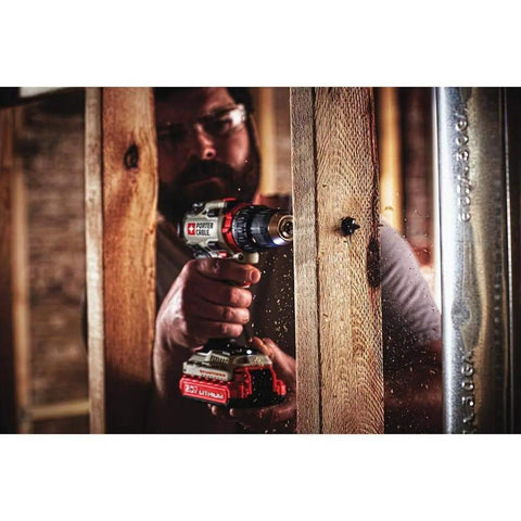Worker using 20V Max Cordless Drill Driver Kit With Two Batteries And Charger, One Half Inch Chuck, Brushless Motor Delivers Fifty Percent Longer Runtime, 370 MWO High Power, And Eighteen Hundred RPM For Quick Drills And Tough Fastening Workhorse on wooden beam
