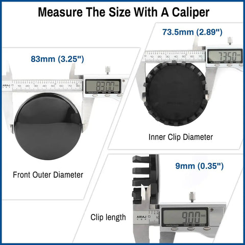 Measurement of Chevy 3.25In 83Mm Black Wheel Center Caps Hub Covers For Silverado Suburban Tahoe with caliper showing dimensions.