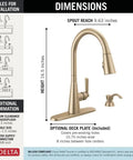 Dimensions of Modern Single Handle Kitchen Sink Faucet With Pull Down Spray Head And Built In Soap Dispenser, Magnetic Self Docking, Brushed Gold Finish.
