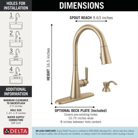 Dimensions of Modern Single Handle Kitchen Sink Faucet With Pull Down Spray Head And Built In Soap Dispenser, Magnetic Self Docking, Brushed Gold Finish.