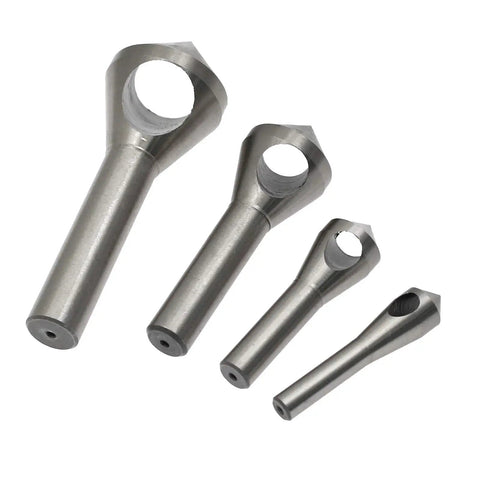 Slick Four Piece Countersink Chamfer Deburring Tool Set For Flawless Hole Beveling Two To Twenty Mm showing four steel bits with tapered ends.