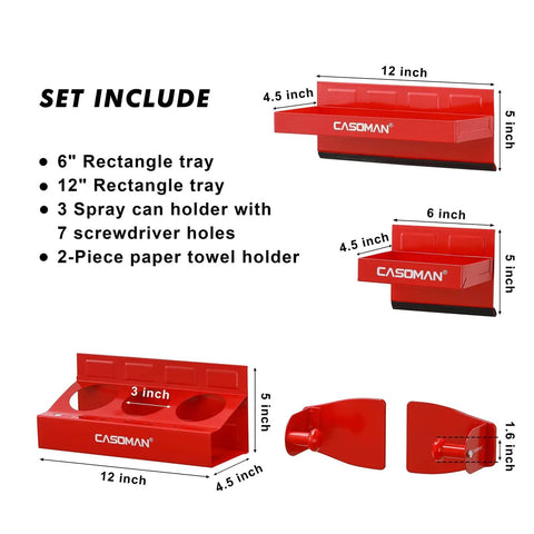 Red Magnetic Toolbox Shelf Set For Any Metal Surface, 4 Piece Organizer with trays, paper towel and spray holders, screwdriver holes.