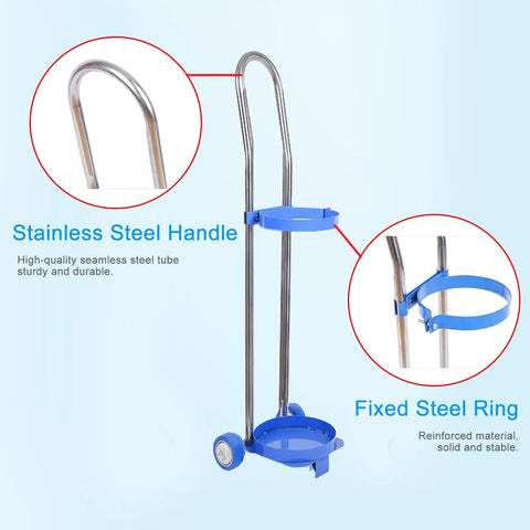 Gas Cylinder Cart With Ring Clamp, Built Tough Steel Hand Truck For Oxygen And Welding Cylinders, Height Adjustable Mobile Cart On Wheels, Anti Rust Steel Frame, Secure Tank Holder For Factories Hospitals And Schools stainless steel handle and fixed ring