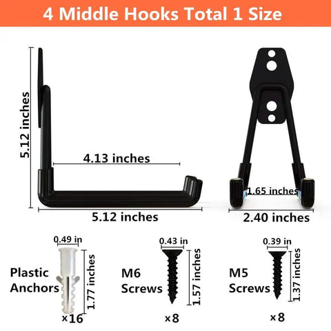 Heavy Duty Wall Mount Garage Hooks Set 4 Pack With Anti Slip Coating Beefed Up For Shovels Ladders Chairs Hoses Bicycles Tools 66Lb Load Capacity Space Saving Organizer, dimensions and hardware included.
