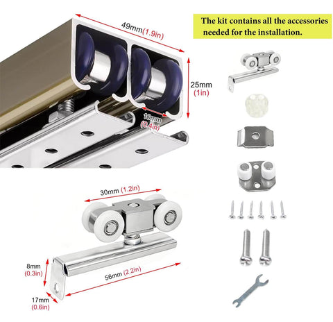 Heavy Duty Barn Door Hardware Kit For Two Doors, Double Track Bypass Sliding System, stainless steel track and accessories