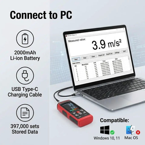 Handheld Digital Vibration Meter 3 In 1 Tester For Motors And Bearings Pro Grade Vibrometer measuring acceleration on laptop, USB-C connected