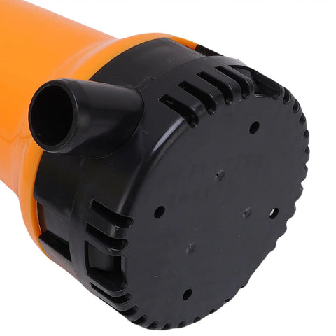 No Sweat Heavy Duty Submersible Bilge Pump With 45W Copper Motor And 1110 GPH Flow compact black and orange design with drain outlet.