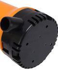 Badass Submersible Utility Pump With Rock Solid Copper Motor 45W 1110Gph Fast Water Transfer System bottom view of robust black and orange design.
