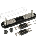 Rock Solid ANL Fuse Holder Block With Two 350A Fuses Power Distribution Terminal, includes hardware and protective cap.