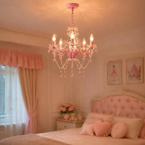 Pink Crystal Chandelier For Girls Room Kid Friendly 5 Light Small Kids Chandelier With Durable Acrylic Crystals For Bedroom Or Nursery Decor