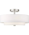 Brushed Nickel Flush Mount Ceiling Light With Off White Fabric Hardback Shade, Transitional Style Fixture for Living Room