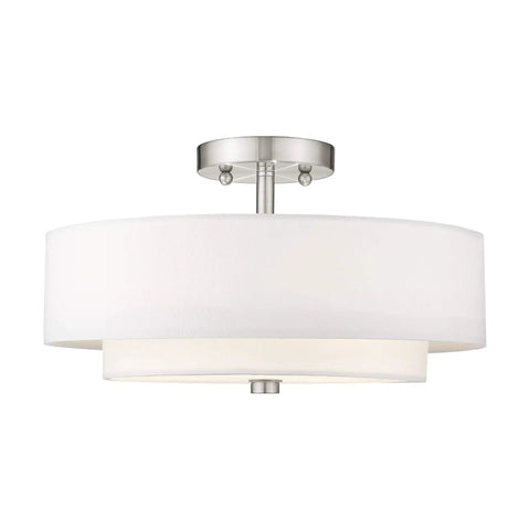 Brushed Nickel Flush Mount Ceiling Light With Off White Fabric Hardback Shade, Transitional Style Fixture for Living Room
