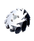 Omni-directional 75mm metal mecanum wheel module with four black rollers for DIY robotic vehicle