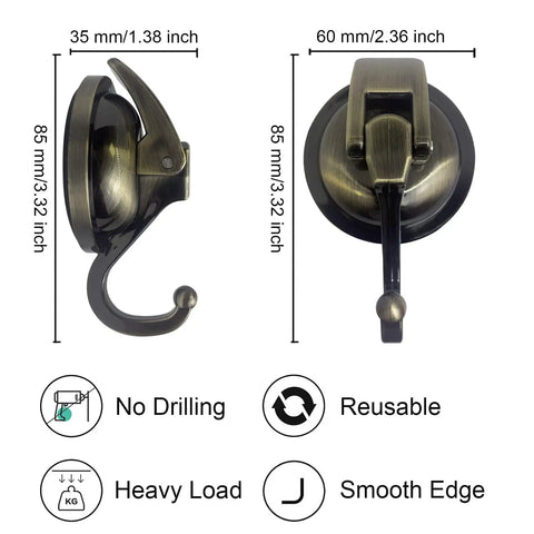 Heavy Duty Shower Suction Cup Hooks Bronze 2 Pack No Drill No Holes Reusable Glass Hangers For Robes Garlands And Bath Accessories Durable Strong Hold Up To 15 Pounds.