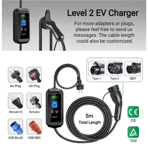 Snag Some Juice Smoothly With This Lightning Fast Type 2 Evse Portable Charger showcasing level 2 charger with 5m cable and multiple plug types.