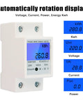 No Fuss Single Phase Energy Meter 5 To 80A DDM15SC With LCD Display and 2P LED DIN Rail Wattmeter shown with display readings