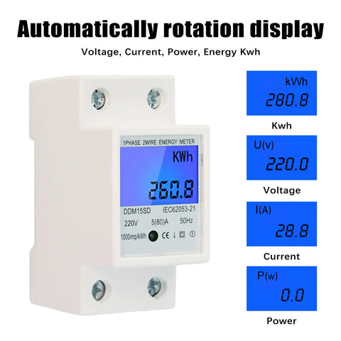 No Fuss Single Phase Energy Meter 5 To 80A DDM15SC With LCD Display and 2P LED DIN Rail Wattmeter shown with display readings