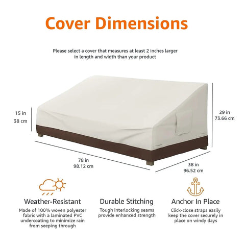 Three Seater Outdoor Sofa Cover Weatherproof Protector For Patio Furniture dimensions chart with product features