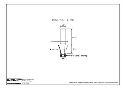 Technical drawing of Queen Anne Router Bit With One Half Inch Shank One Inch Cutting Diameter Three Quarter Inch Cutting Height One And One Half Inch Radius Carbide Tip Beefed Up For Handheld Or Table Mounted Wood Routers CNC Machined Steel Body.