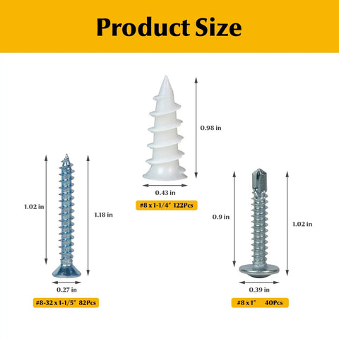 244 Piece Self Drilling Screws And Drywall Anchors Kit For Drywall Wood And Metal Surfaces Self Tapping Design No Pilot Holes Needed Includes Assorted No 8 Screws One Inch Sheet Metal Screws And Drywall Anchors One And One Quarter Inch with measurements