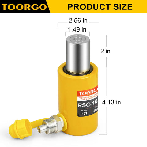 TOORGO 10-ton yellow hydraulic cylinder with 2 in stroke, porta power jack plus yellow adapter included.