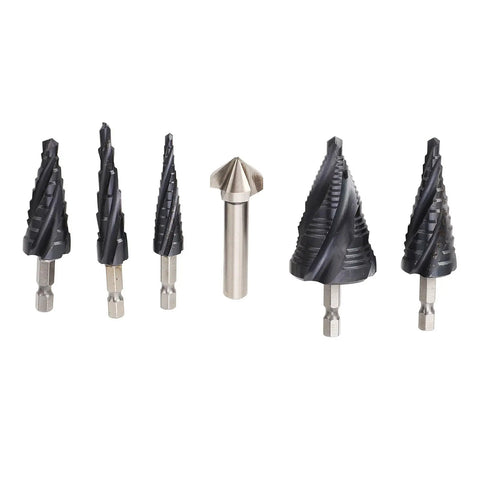 Ultra Sharp Step Drill Bit Set With 4 Flutes For Fast Cuts Through Stainless Steel Hard Metal Wood And Plastic Plus Heavy Duty M35 Cobalt Pagoda Design With 1 4 Inch Shank No Walking Allowed set of five bits