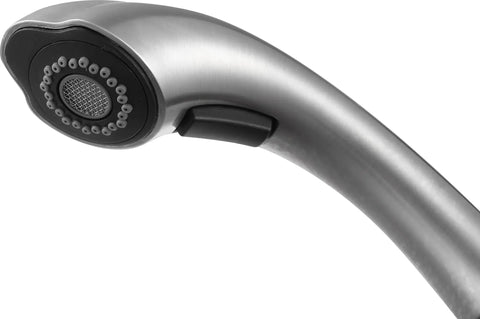 Navona Series Ten Point Zero Four Inch Pull Out Sprayer Kitchen Faucet with brushed nickel finish and ergonomic spout