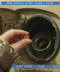 Person placing a fuel tab into car tank, showcasing Fuel Additives With 10 Tabs For Cars Clean Gasoline And Diesel Engines Eco Friendly Fuel Injector Cleaner And Stabilizer To Boost Power Sharper Throttle Response Better MPG Smoother RPM Cleaner Emissions Treats Twenty Gallons.