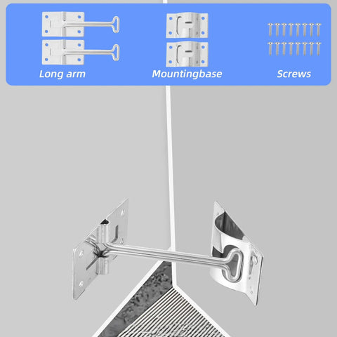 Rugged 6 Inch RV Door Latch Kit With T Style Trailer Door Holder showing components and screws.