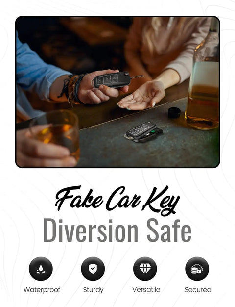Two Pack Ultra Realistic Car Key Safe Diversion Key Fobs With Hidden Secret Compartments shown on a table with drinks
