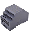 Ultra Compact 24V 2.5A 60W Industrial DIN Rail Power Supply shown at an angle with cooling vents, dark casing, and readable labels.
