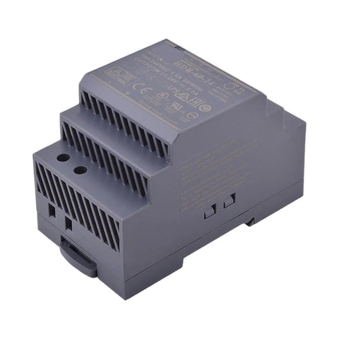 Ultra Compact 24V 2.5A 60W Industrial DIN Rail Power Supply shown at an angle with cooling vents, dark casing, and readable labels.